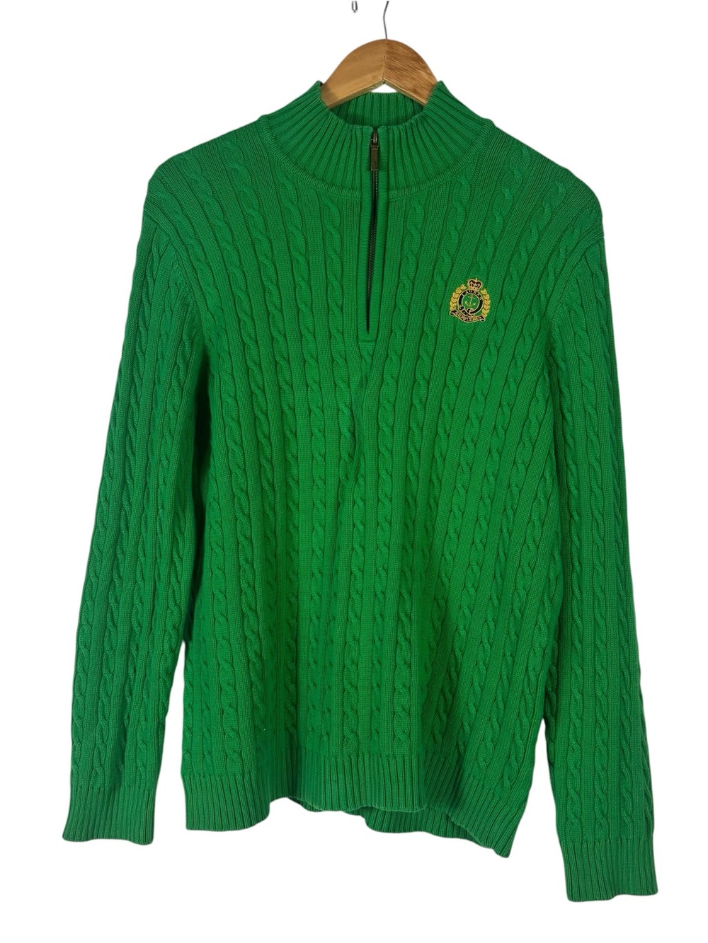 LRL Ralph Lauren Sweater Green Crest 1/4 Zip Cable Knit Pullover Preppy Womens M